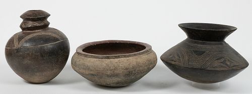 AFRICAN CLAY VESSELS GROUP OF THREE H 5"-11" DIA 9"-12" 