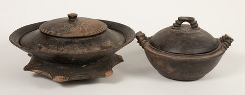 AFRCAN CLAY LIDDED BOWLS GROUP OF TWO H 8"-9" DIA 13"-16" 