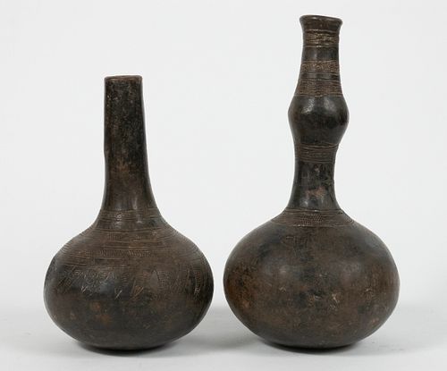 AFRICAN CLAY VESSELS GROUP OF TWO H 9"-12" D 5.5"-6" 