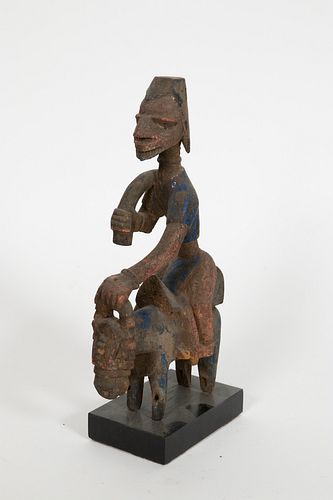 YORUBA, NIGERIA, AFRICAN, CARVED WOOD AND PIGMENT HORSE AND RIDER H 11.5" W 3" D 6.5" 