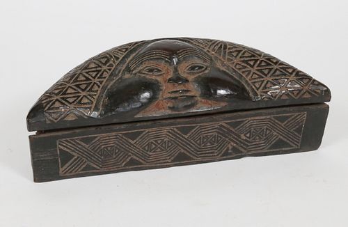 KUBA, CONGO, AFRICAN, CARVED WOOD, BONE AND FIBER TOGGLE, COVERED BOX H 5" W 13": D 5" 