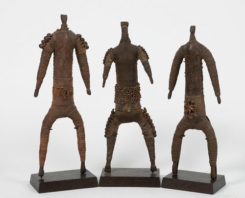 AFRICAN METAL, LEATHER AND FIBER STANDING HEADLESS FIGURES H 11.5" W 4.5" 