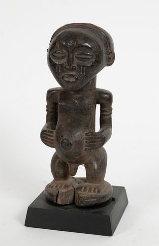SONGYE, CONGO, AFRICAN, CARVED WOOD STANDING MALE FIGURE WITH HANDS RESTING ON STOMACH H 9.75" W 4" D 4" 