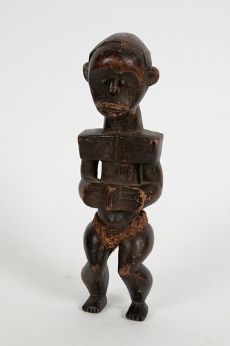 AFRICAN CARVED WOOD WITH BRAIDED FIBER ALONG WAIST, STANDING MALE FIGURE H 12.5" W 3.75" D 2.75" 