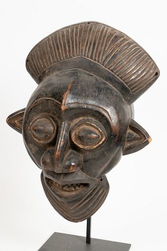 CAMEROON, AFRICAN, CARVED WOOD WITH BLACK PATINA, MASK H 18" W 12.5" D 7.5" 