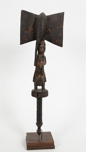 YORUBA, NIGERIA, AFRICAN CARVED WOOD, DANCE WAND FOR THE THUNDER GOD OSHE SHANGO (STAFF WITH PANGOLIN), H 21" W 8" D 3" 
