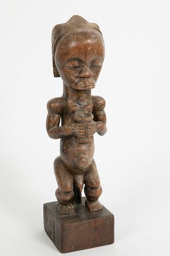 AFRICAN CARVED WOOD SQUATTING MALE FIGURE H 15.5" W 5.5" D 3.5" 