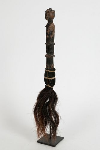 KONGO, CONGO, AFRICAN, CARVED WOOD, HAIR, VELVET AND TWINE, FLY WHISK H 19" DIA 1.5" 