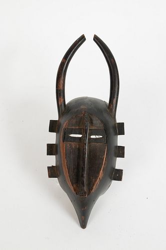 SENUFO, IVORY COAST, AFRICAN CARVED WOOD HORNED MASK, H 14.5" W 6.25" D 3.5" 