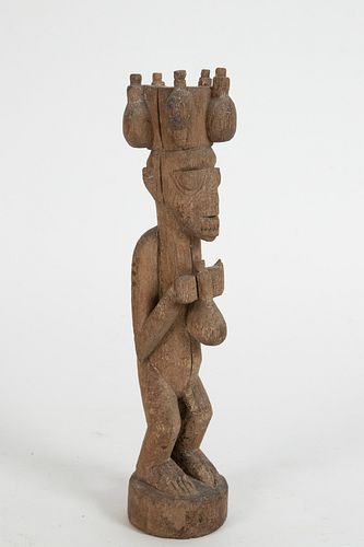YORUBA, NIGERIA, AFRICAN, CARVED WOOD WITH WASH PATINA, STANDING MALE FIGURE HOLDING MAGIC BUNDLE H 12.5'" W 3.5" D 2.25" 