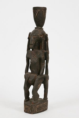 AFRICAN CARVED WOOD WITH PIGMENT, STANDING DOUBLE FIGURE H 19" W 5" 