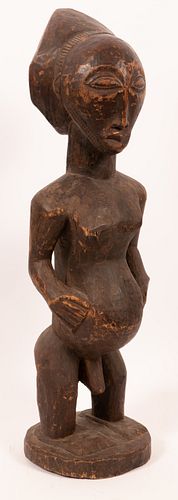 AFRICAN CARVED WOOD & SAND FERTILITY SCULPTURE, H 31", DIA 8.5" 