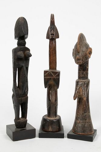 AFRICAN CARVED WOOD FIGURES GROUP OF THREE H 9.5"-11" DIA 1.25"-2" 