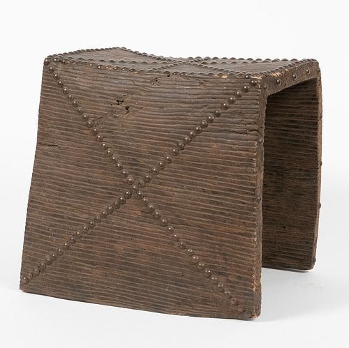 ASANTE, AFRICAN, CARVED WOOD  AND BRASS, STOOL H 11.5" W 12" D 8" 