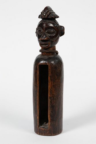 YAKA, CONGO, AFRICAN, CARVED WOOD, FABRIC AND METAL SLIT GONG, H 15.25" DIA 4" 