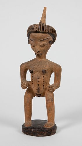PENDE, CONGO, AFRICAN, CARVED WOOD WITH PIGMENT, STANDING FEMALE FIGURE WITH HEADRESS H 11" W 4" D 2.5" 