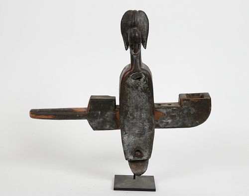 AFRICAN CARVED WOOD AND PIGMENT, PIPE H 16" W 17.5 D 2" 