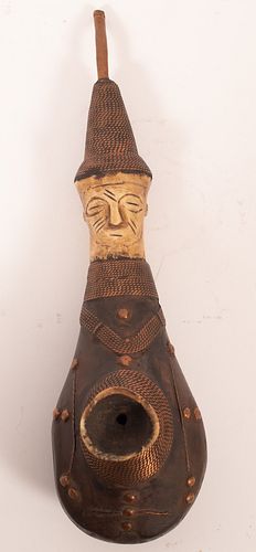AFRICAN ZULU TOBACCO SMOKING HAND CARVED WOOD, BONE COPPER PIPE  1820, H 5.5" W 3.5" L 13" 