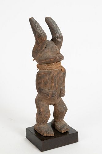 AFRICAN CARVED WOOD AND CLOTH STANDING FIGURE WITH HORNS H 10.25" W 3" D 3" 