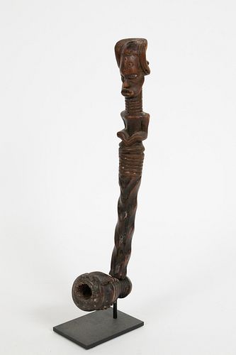 SONGYE, CONGO, AFRICAN, CARVED WOOD AND METAL, PIPE H 15.5" W 2.25 D 4.5" 