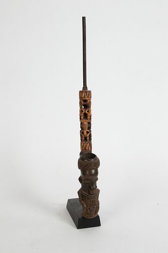 BAMUM, CAMEROON, AFRICAN, CARVED WOOD, CLAY AND METAL, PIPE H 20.5" W 2.25" D 3" 