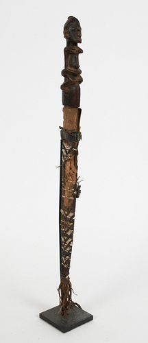 KONGO, CONGO, AFRICAN, WOOD, METAL, HIDE, FIBER AND FABRIC, KNIFE AND SHEATH H 22.5" W 1.5" D 2" 