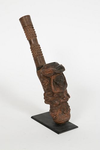 CAMEROON, AFRICAN, CARVED WOOD AND CLAY, PIPE H 13" W 3" D 4" 