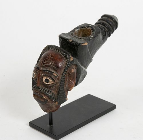 AFRICAN CARVED WOOD, METAL AND PIGMENT, PIPE H 6" W 2.5" D 2.5" 