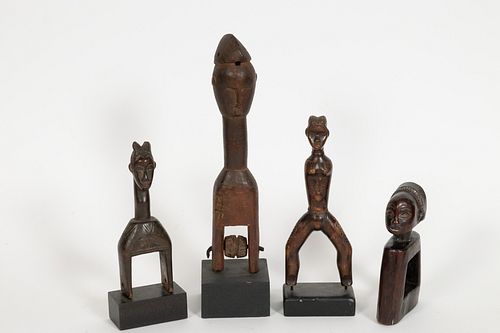 AFRICAN CARVED WOOD, FIGURES GROUP OF FOUR, H 6.5"-12" W 1.75"-3.25" D .75"-4" 