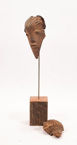 ORON, NIGERIA AFRICAN, CARVED WOOD ANCESTOR FIGURE'S HEAD H 7.5" W 6" D 6" 