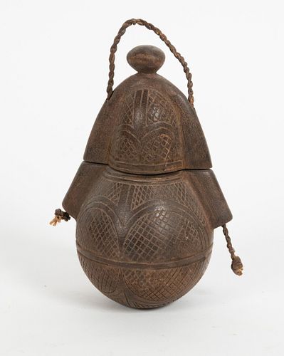LUBA, CONGO, AFRICAN, CARVED WOOD WITH FIBER, GUNPOWDER BOTTLE H 6.75" W 4" D 3.5" 