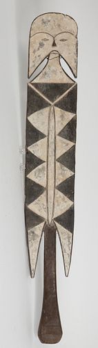 MITSOGO, CONGO, AFRICAN, CARVED WOOD AND PIGMENT, DANCE PADDLE H 44.5" W 7" D 2" 