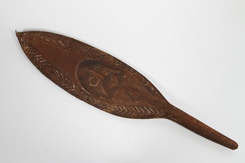 PAPUA NEW GUINEA, CARVED WOOD WITH PIGMENT PADDLE, H 34", W 8", D 1" 