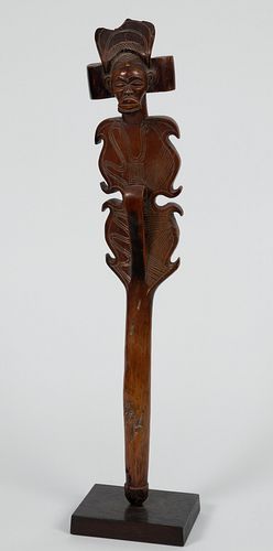 CHOKWE, ANGOLA OR CONGO, AFRICAN, CARVED WOOD STAFF H 23" W 4" D 2.5" 