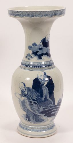 CHINESE BLUE AND WHITE PORCELAIN VASE, H 19", DIA 8.25", SCENE WITH LOHANS 