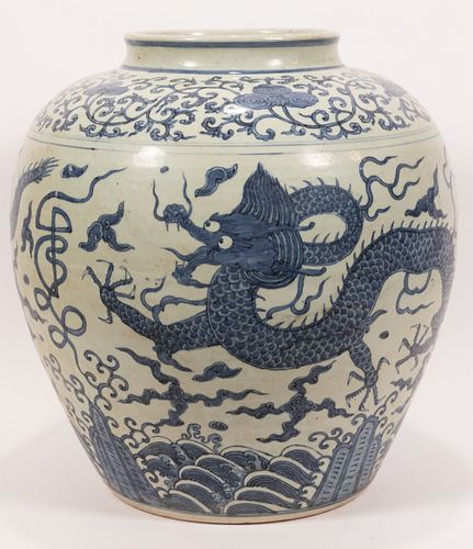 CHINESE BLUE AND WHITE PORCELAIN JAR, H 19", DIA 18", DRAGONS OVER THE SEA 