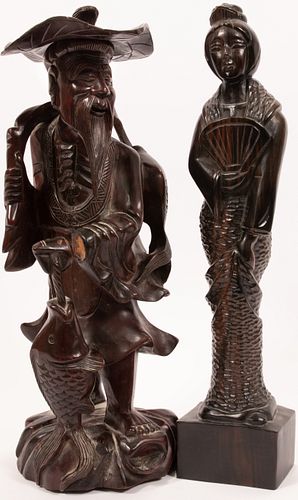 JAPANESE CARVED WOOD SCULPTURES TWO, H 16", GEISHA AND FISHERMAN 