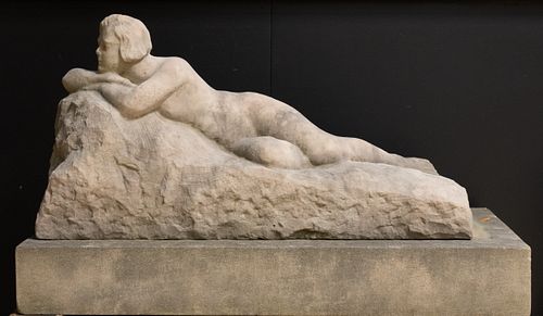 CARVED MARBLE GARDEN SCULPTURE, H 15", L 26", RECLINING FEMALE NUDE 