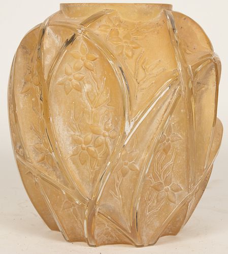 20TH CENTURY ART DECO MOLD BLOWN AND FROSTED GLASS VASE H 11" DIA 9.5" 