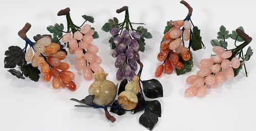CHINESE CARVED PINK AND AMETHYST QUARTZ, AGATE FRUIT SCULPTURES, 7 PCS, L 5"-8" 