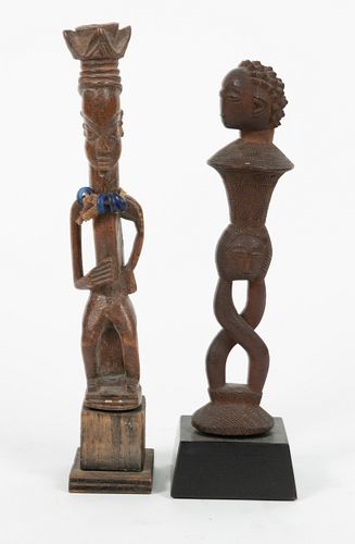 AFRICAN CARVED WOOD FIGURES H 9" DIA 2" 