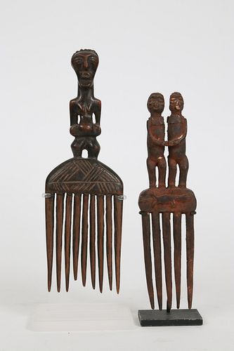 AFRICAN CARVED WOOD COMBS GROUP OF TWO H 8"-9" 