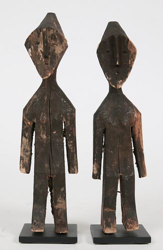 AFRICAN CARVED WOOD STANDING FIGURES PAIR H 9 W 2.5" 