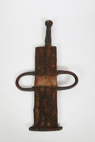 CAMEROON, AFRICAN, CASE: HIDE, WOOD AND PLANT FIBERL; KNIFE: METAL CEREMONIAL KNIFE AND CASE W 12" L 23" 