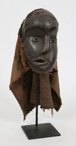 BASSLANGE, NIGERIA AFRICAN CARVED WOOD AND CLOTH SICKNESS MASK H 9" W 5" 