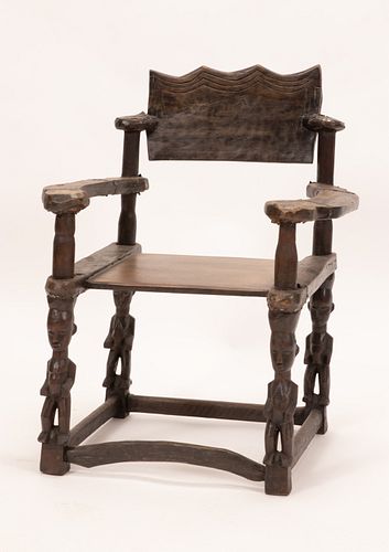 LOBI, BURKINA FASO, AFRICAN, CARVED WOOD, HIDE AND SOME METAL TACKS ARMCHAIR H 34" W 26" D 21" 