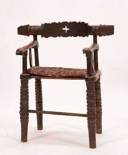 BAULE, IVORY COAST, AFRICAN, CARVED WOOD AND METAL ARMCHAIR H 35" W 32" D 19" 