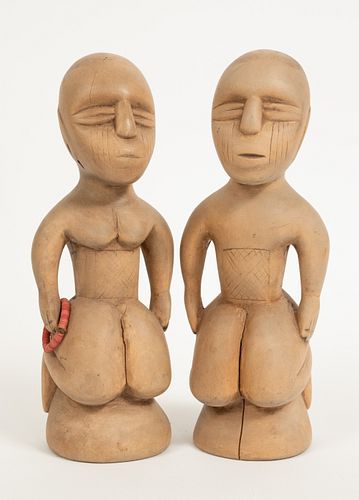 AFRICAN CARVED WOOD WITH PIGMENT, MALE AND FEMALE KNEELING FIGURES, PAIR, H 11.5" W 4.5" D 4" 