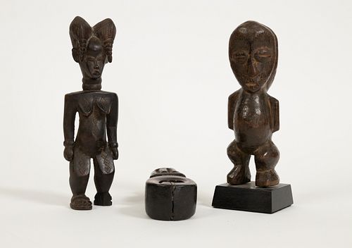 AFRICAN CARVED WOOD TWO FIGURES, ONE OBJECT H 6.5"-8" 