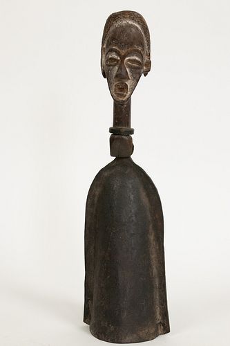 TSOGO, CONGO, AFRICAN IRON AND CARVED WOOD WITH PIGMENT GONG, H 16" W 5" 